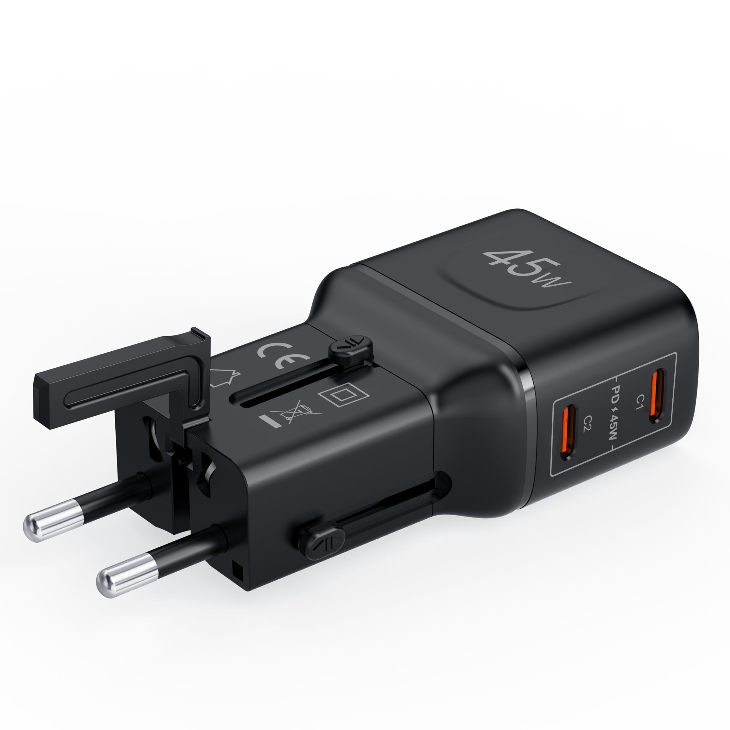 Celly – Adattatore da Viaggio Universale 45W con Doppia Porta USB-C, Compatibile 150+ Paesi, Ricarica Rapida, Design Slim e Sicuro