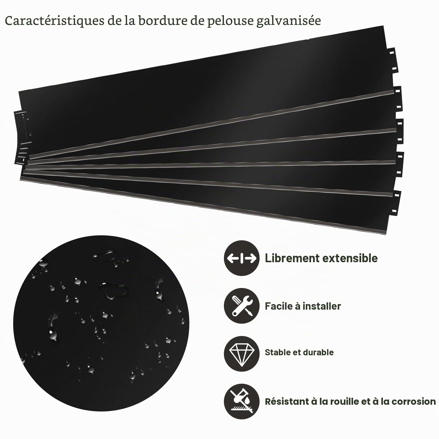 Bordure de pelouse en métal galvanisé, 5 m, 10 m, 15 m, 20 m, 25 m, 30 m, 35 m, 40 m, 45 m, 50 m, palissade, Peut être utilisée pour Cour, Jardin, Noire (Longueur 10m - Hauteur 15cm)