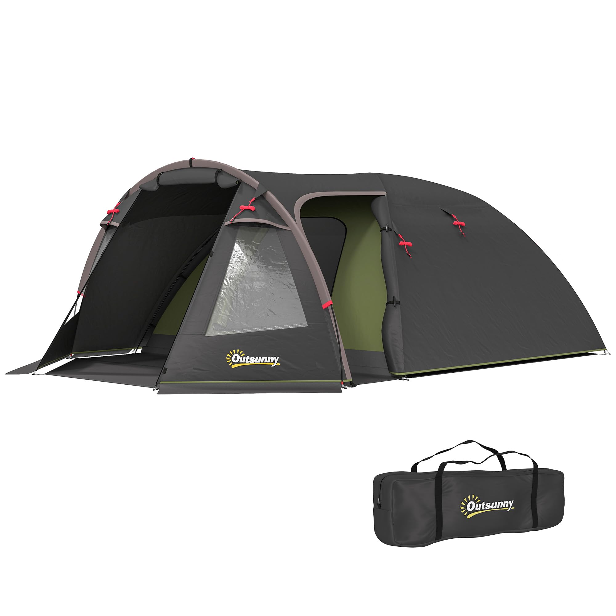 Outsunny Tente de Camping familiale pour 2-4 Personnes, Tente Tunnel imperméable 3000 mm avec 3 Portes, fenêtres, Sac de Transport, pour Camping Voyage randonnée Jardin, Noir