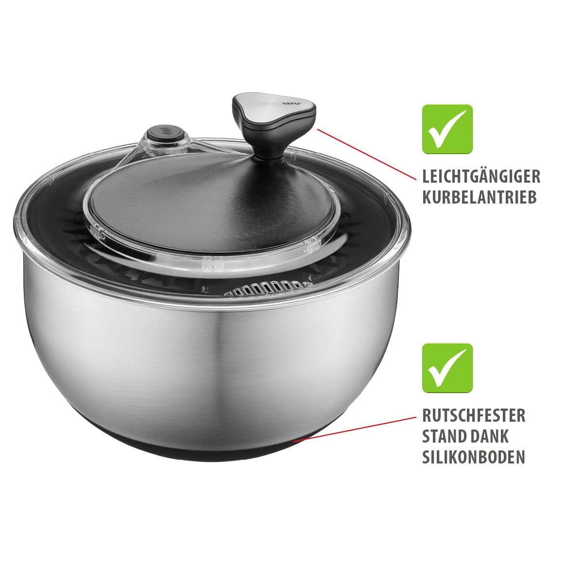 GEFU Salatschleuder mit Kurbelantrieb, 4,5 l | 4-teilig, Edelstahlschüssel, Frischhaltedeckel, Stopp-Button, rutschfest