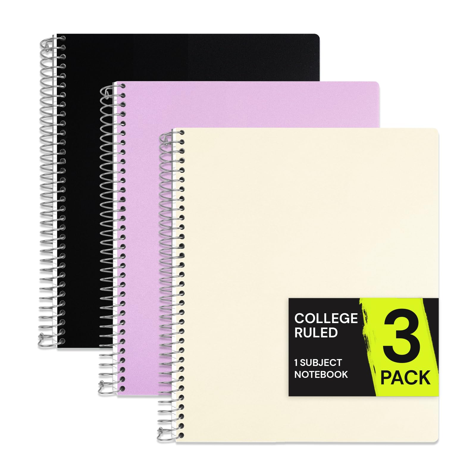 ONAVIA Quaderno a spirale per 1 soggetto, confezione da 3 pezzi, a righe universitarie, 22,9 x 28 cm, 100 fogli, copertina impermeabile perforata a 3 fori, con divisorio e tasca fronte-retro, per