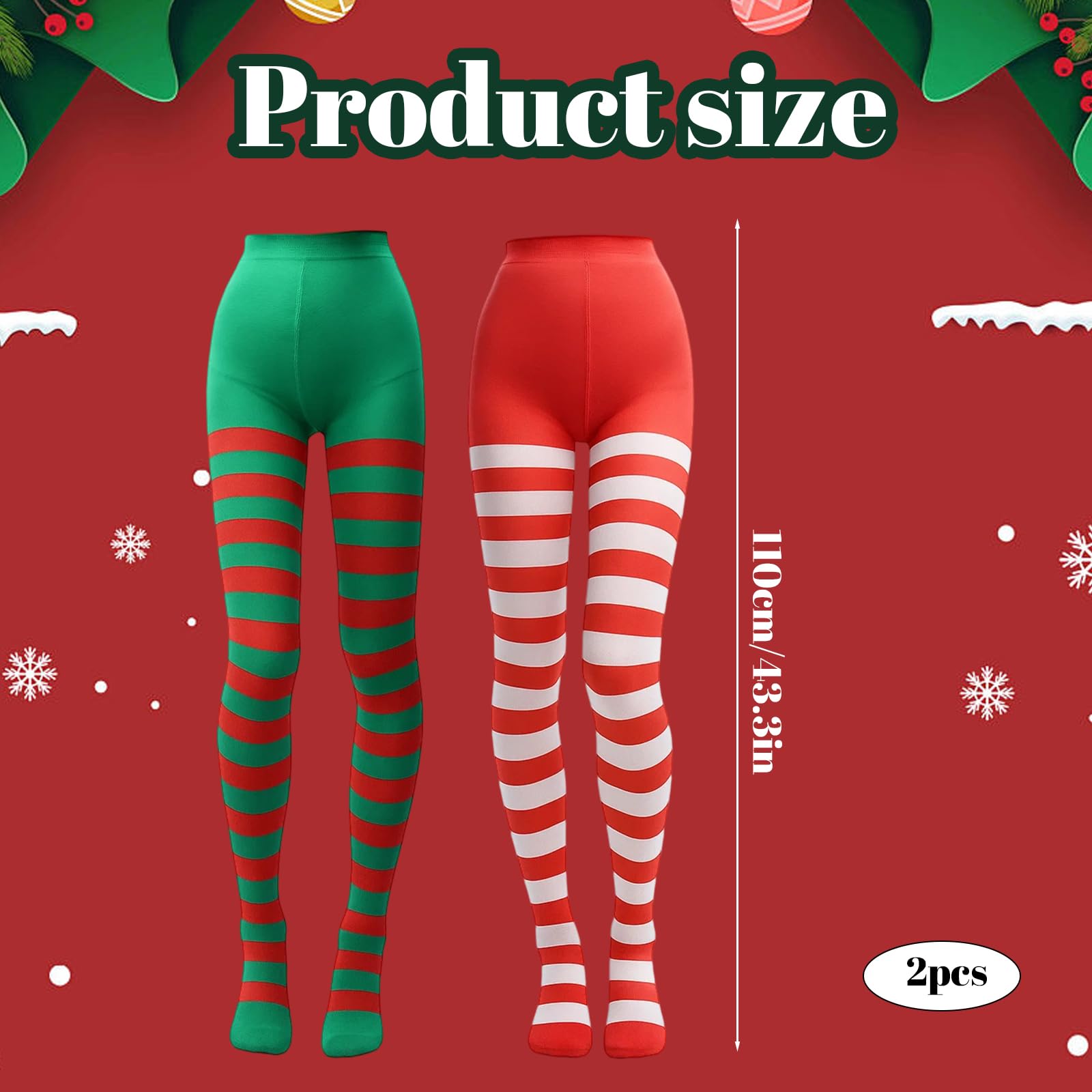 XNBTFK 2 works Elf Tights Green & Red, Women's Red & White Striped Tights, Christmas Candy Cane Tight for Xmas Cosplay - Image 2