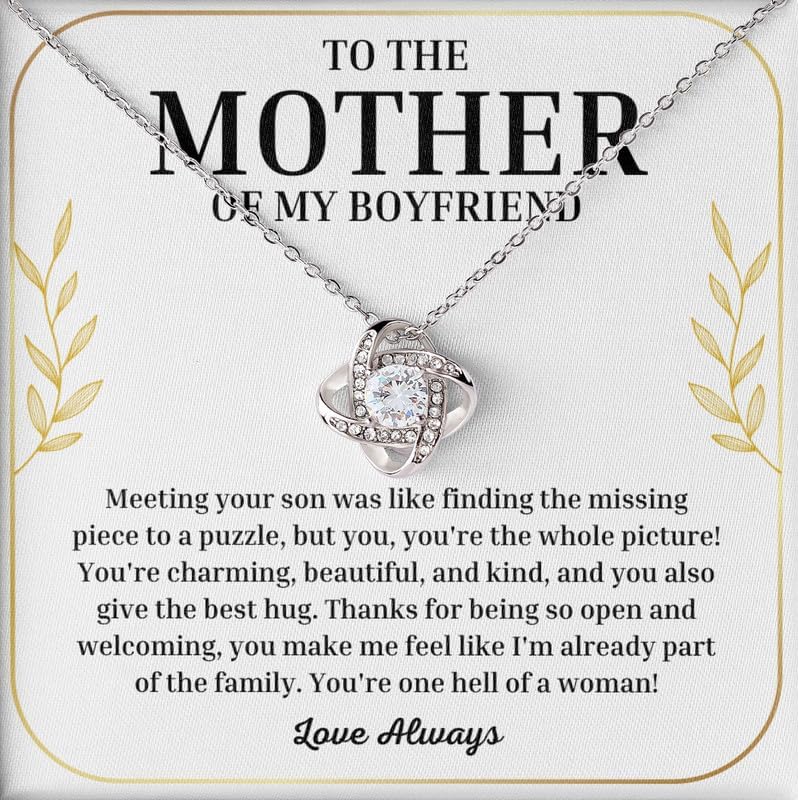 To My Boyfriend's Mom Necklace Message Card Box Love Knot Silver Standard - Meeting Your Son Was Like - Relationship Jewelry Aunt Stepmother Valentine