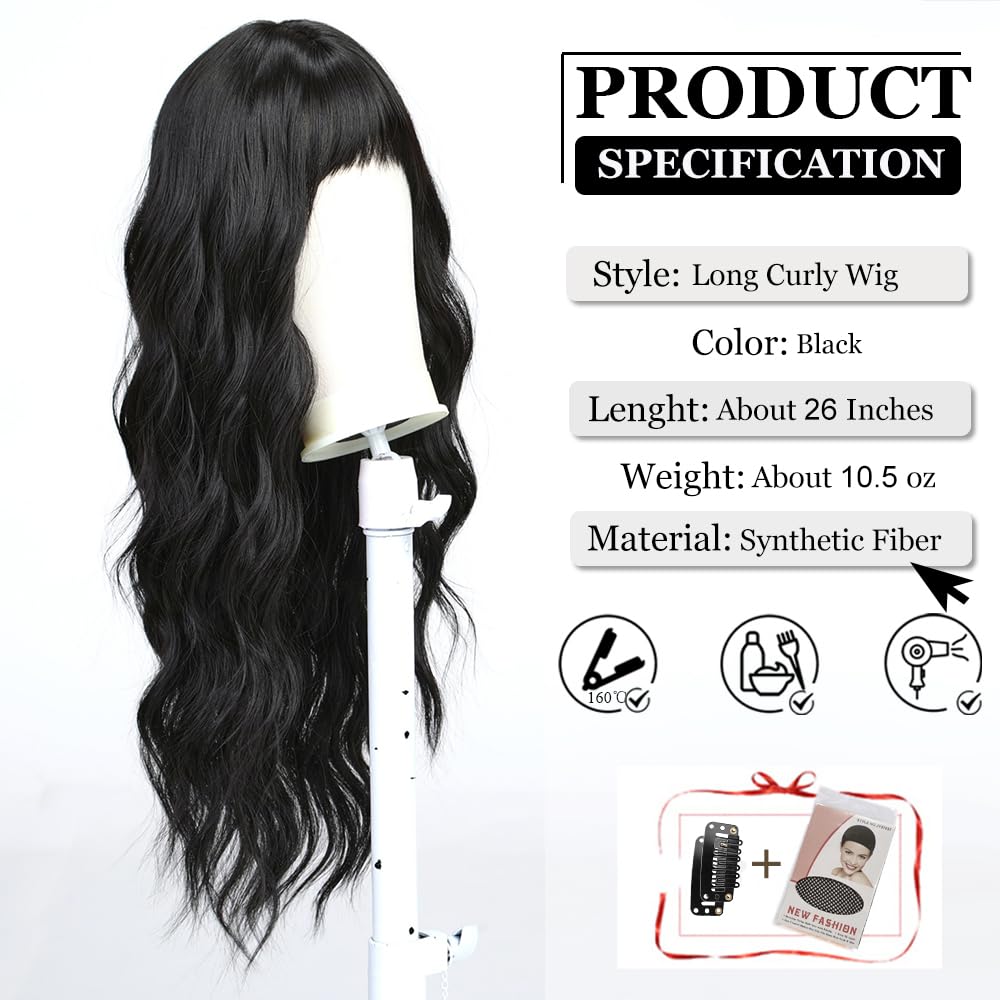 Esmee Long Wavy Black Wig for Women Natural Synthetic Hair Heat Resistant Brunette Wigs with Fringe, 26 pulgadas - Image 2