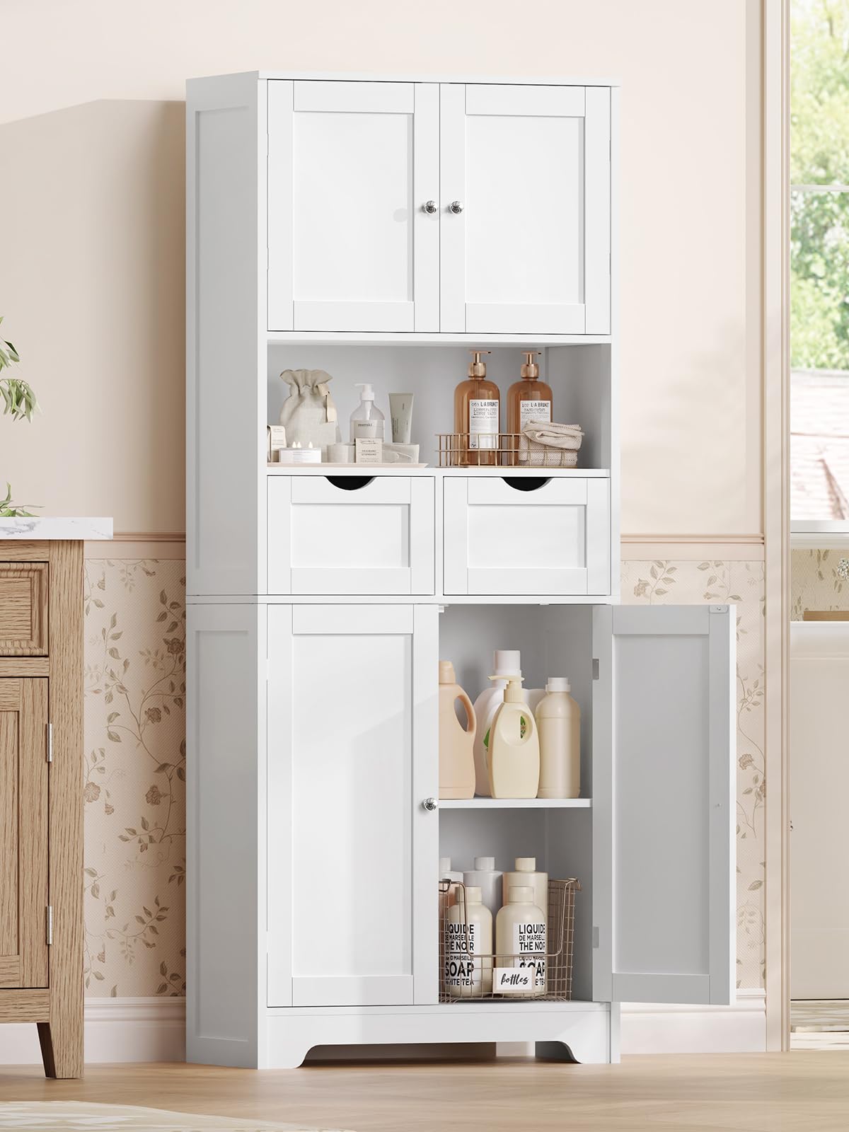 TEENFON Armario de Baño con 2 Cajones y 4 Puertas, Mueble Baño Doble Cajón, Gran Capacidad Almacenaje y Organización, 30 x 60 x 147 cm, Blanco