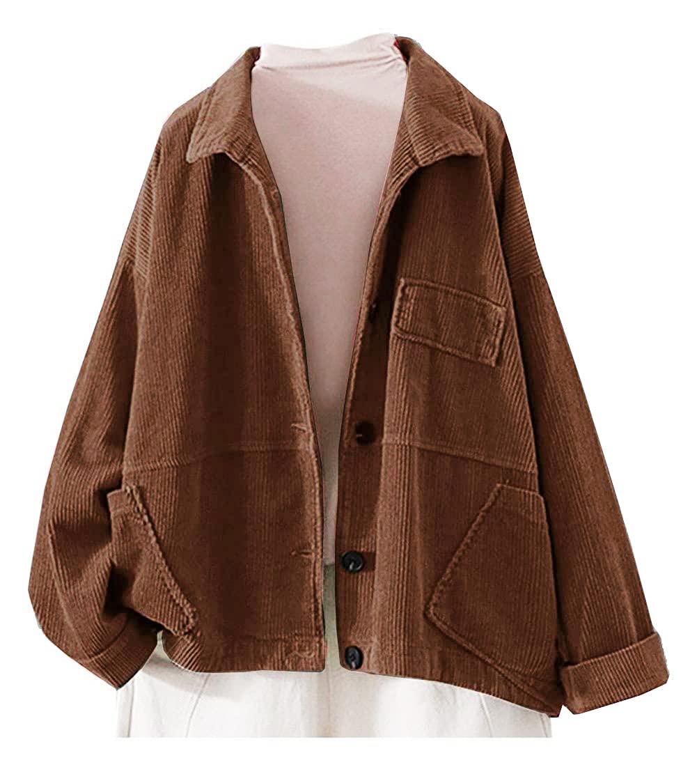 Ladyful Women's Baggy Corduroy Jacket Lapel Long Sleeve Coat Outwear