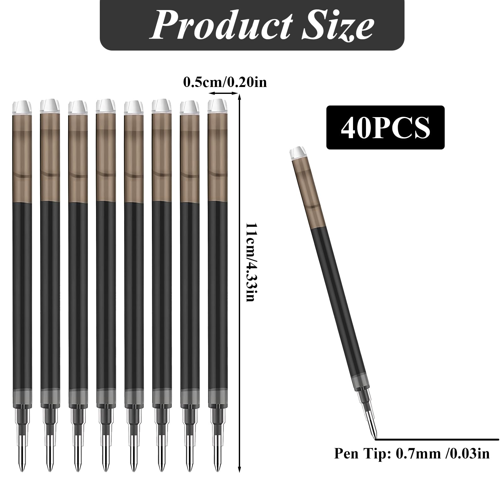 Recambios de tinta de gel borrable de 0.7 mm compatibles con Frixion Friction, escritura suave, multicolor, retráctil, punta fina, repuesto para escuela, oficina, arte en casa (negro, 40)