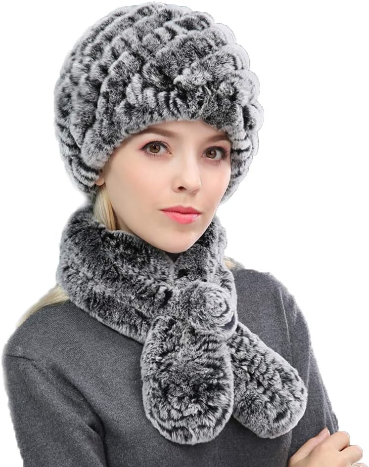 2PCs Cap Plus Scarf Womens Real Rex Rabbit Hair Hat and Real Rabbit Hair Neck Warmer Winter Warm