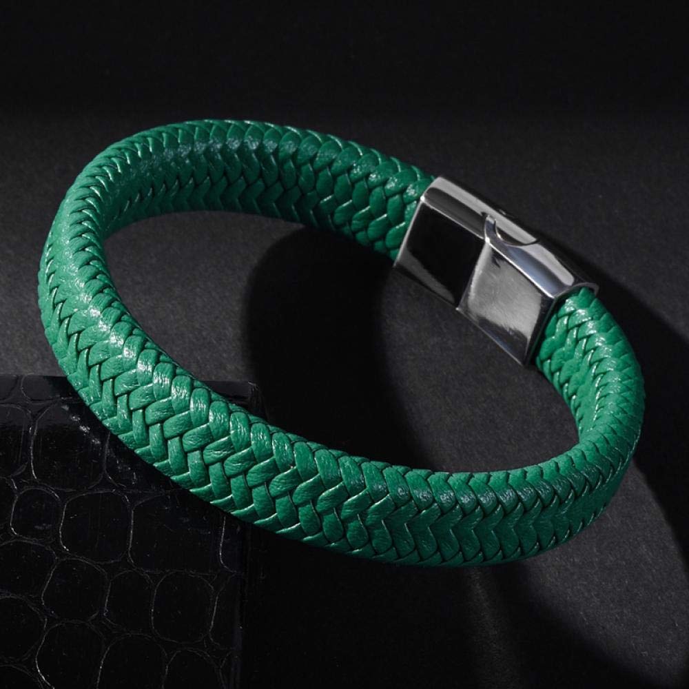 Bracelet Punk Men Jewelry Green Braided Leather Bracelet Stainless