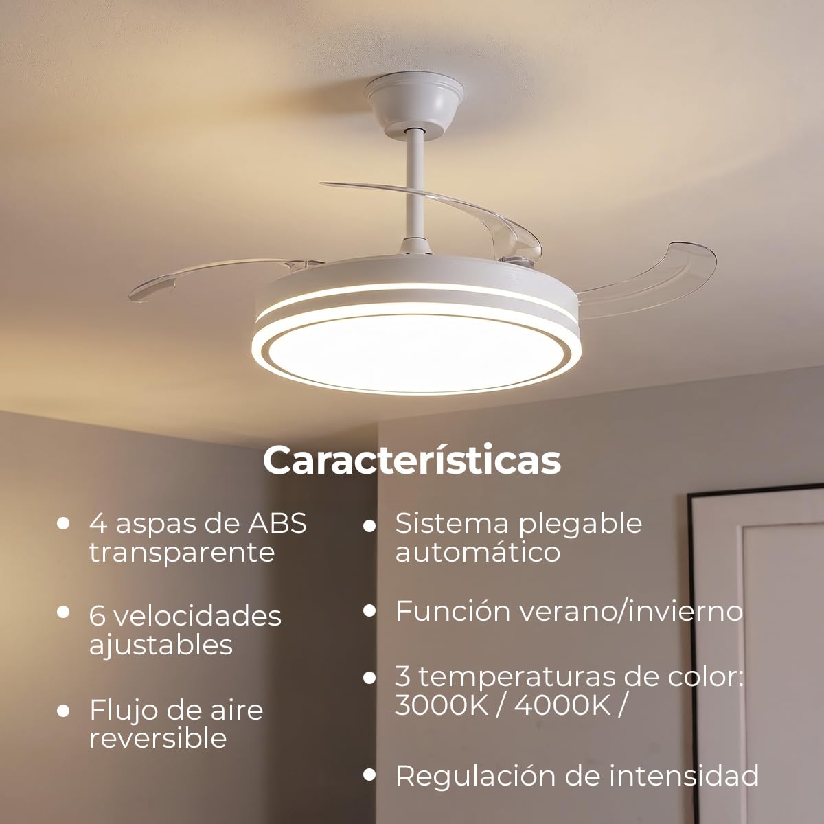 Els Banys - Ventilador de Techo LED con Aspas Plegables - Ø49 cm Cerrado / Ø105 cm Abierto - Motor DC 72W Silencioso - 6 Velocidades - Luz CCT Regulable - Mando a Distancia