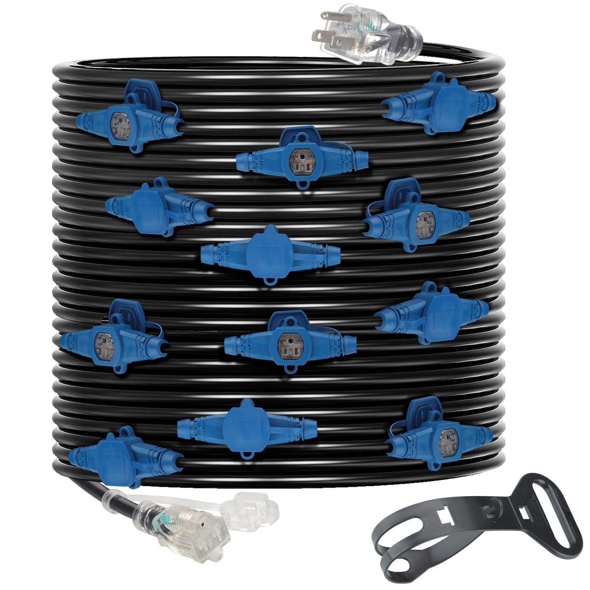 65 Feet Multi Outlet Extension Cord 12 Gauge,13 Nema 5-15R Evenly Spaced Outlets with Blue Indicators.Male Plug to Female Connector,Erboelec,ETL