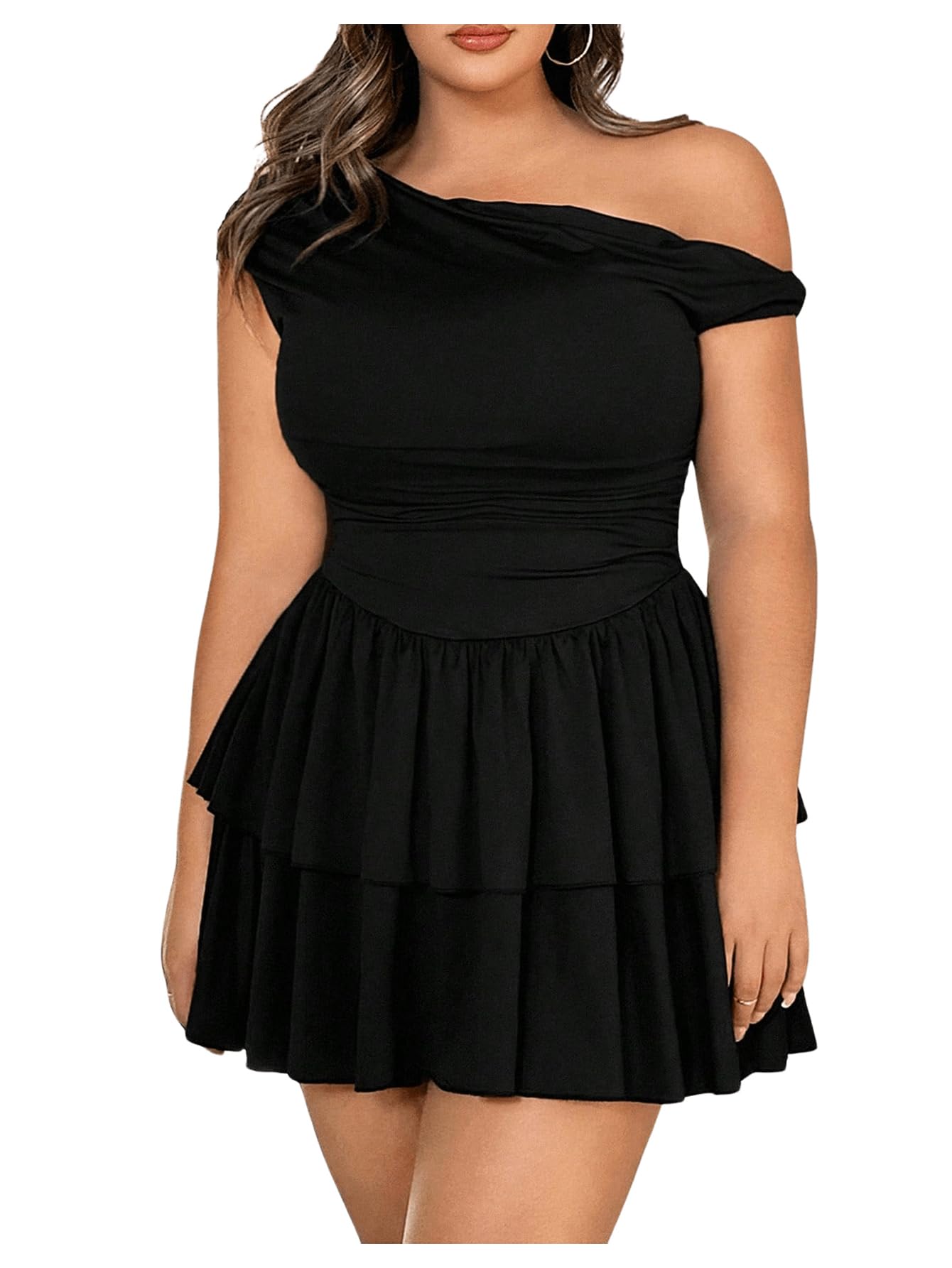 MakeMeChic Womens Plus Size Cocktail Dress Fall Asymmetrical Mini Dress Ruffle Party Dresses
