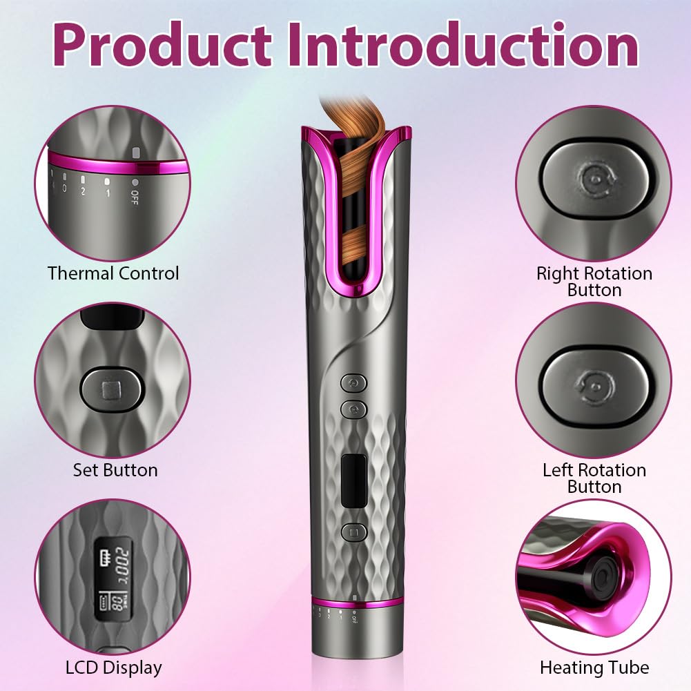 Flintronic Fer a Boucler Cheveux Automatique, Boucleur a Cheveux Sans Fil, Boucleur Céramique USB Rechargeable, avec 6 Réglages de Température & Minuteur, Anti-brûlure, pour Cheveux Longs/Courts