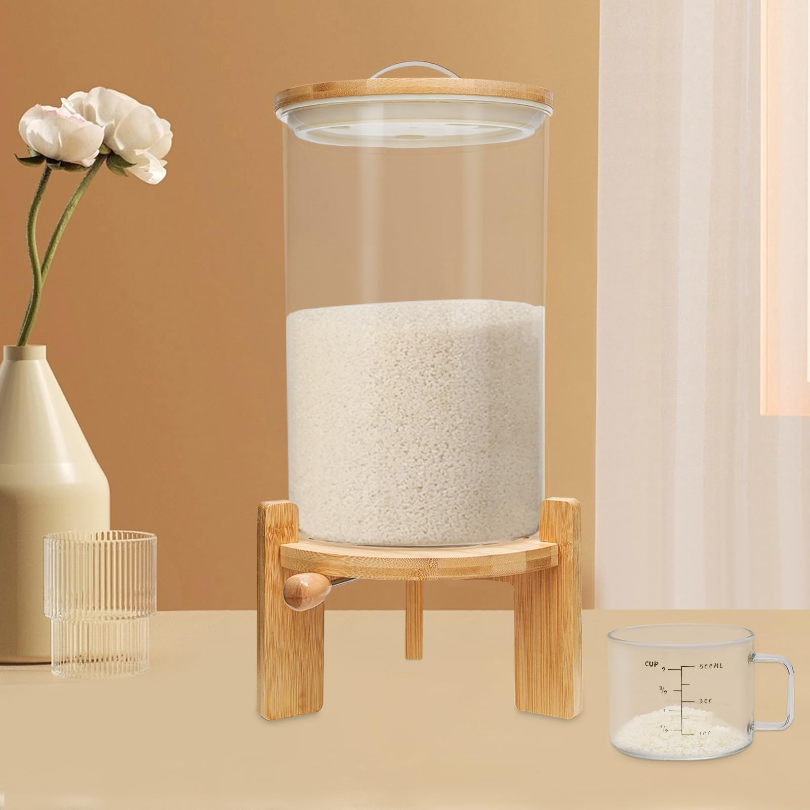 Distributore di cereali 7,5 l, vetro e acciaio inox, deposito sano per riso, farina e cereali, casa e caffè, con tazza misura e base bambù
