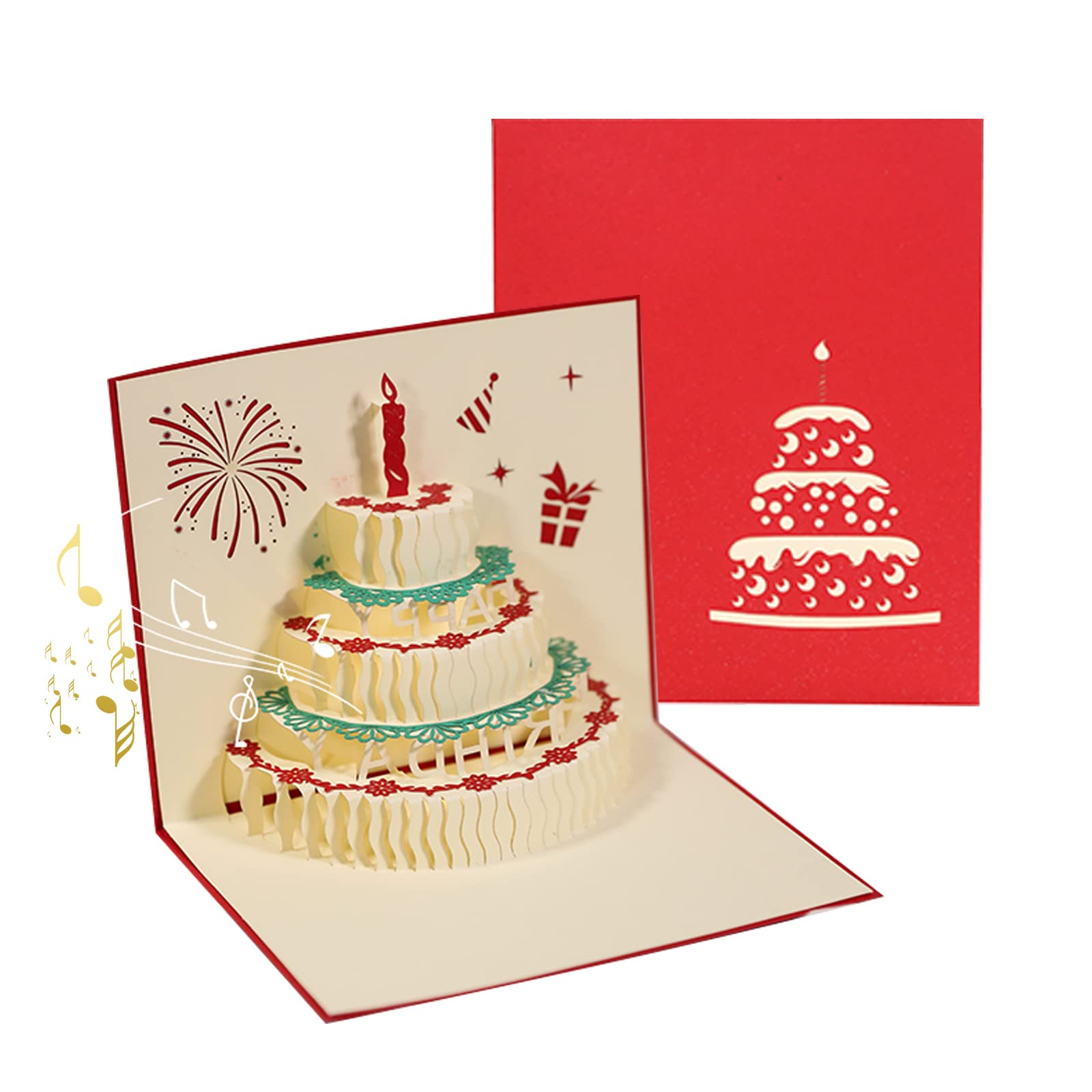3D Pop Up Cake Birthday Cards Warming Light Auto-play Musical Happy Birthday Cards Postcards Laser Cut Birthday Gift Cards for Mom, Wife, Sister, Boy, Girl, Friends 1 Pack Red