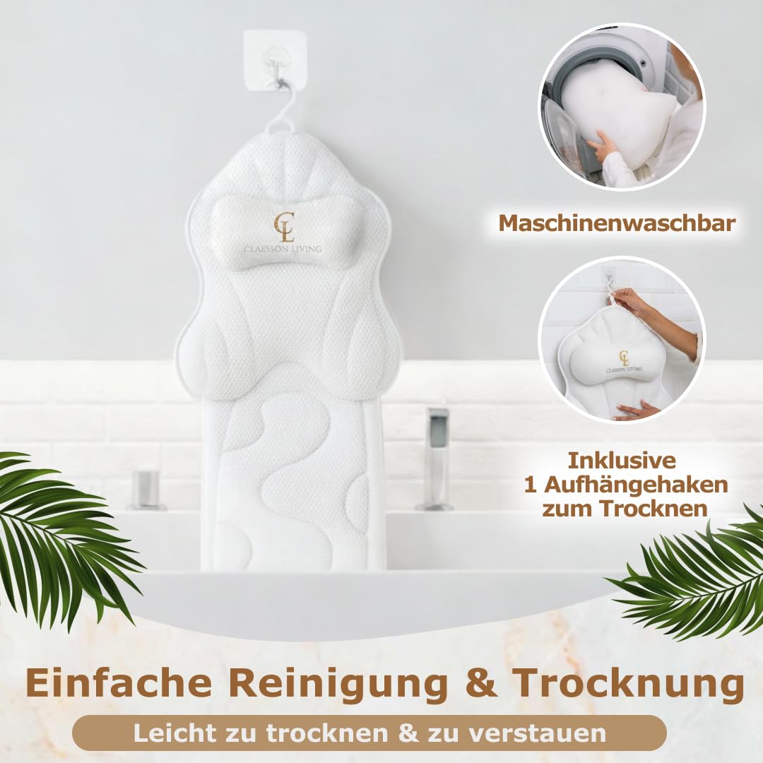 Badewannenkissen Ganzkörper Badekissen (126x41cm) - Badewannenmatte mit Kopfstütze (13cm) unterstützt Nacken, Rücken und Beine - Mit Wasch- und Reisebeutel und einem Hängehaken für Trocknen - Weiß
