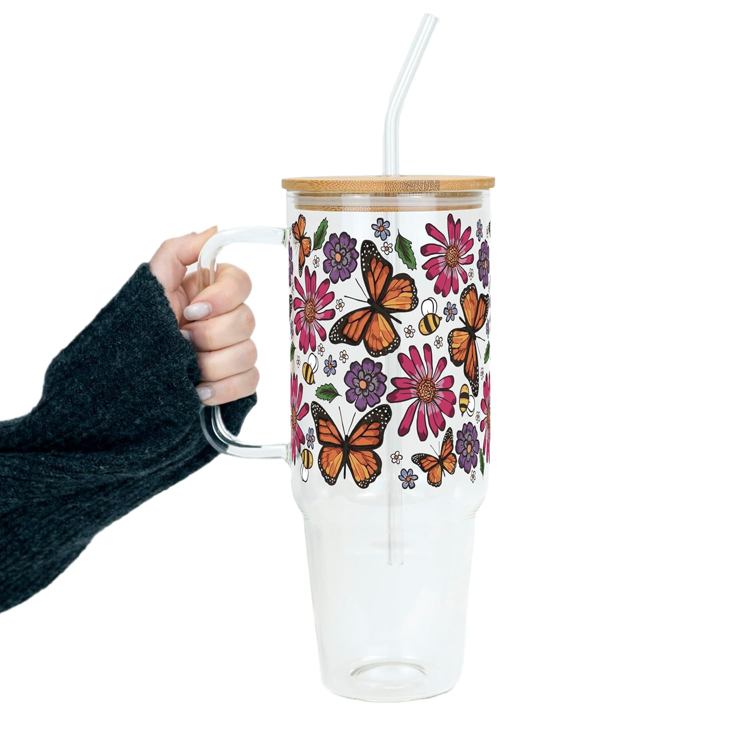Sip-Sip Hooray! Monarch Butterfly 40oz Glass Tumbler with Handle, Aesthetic Glass Cup with Bamboo Lid & Straw, Floral Nature Drinkware for Iced Coffee