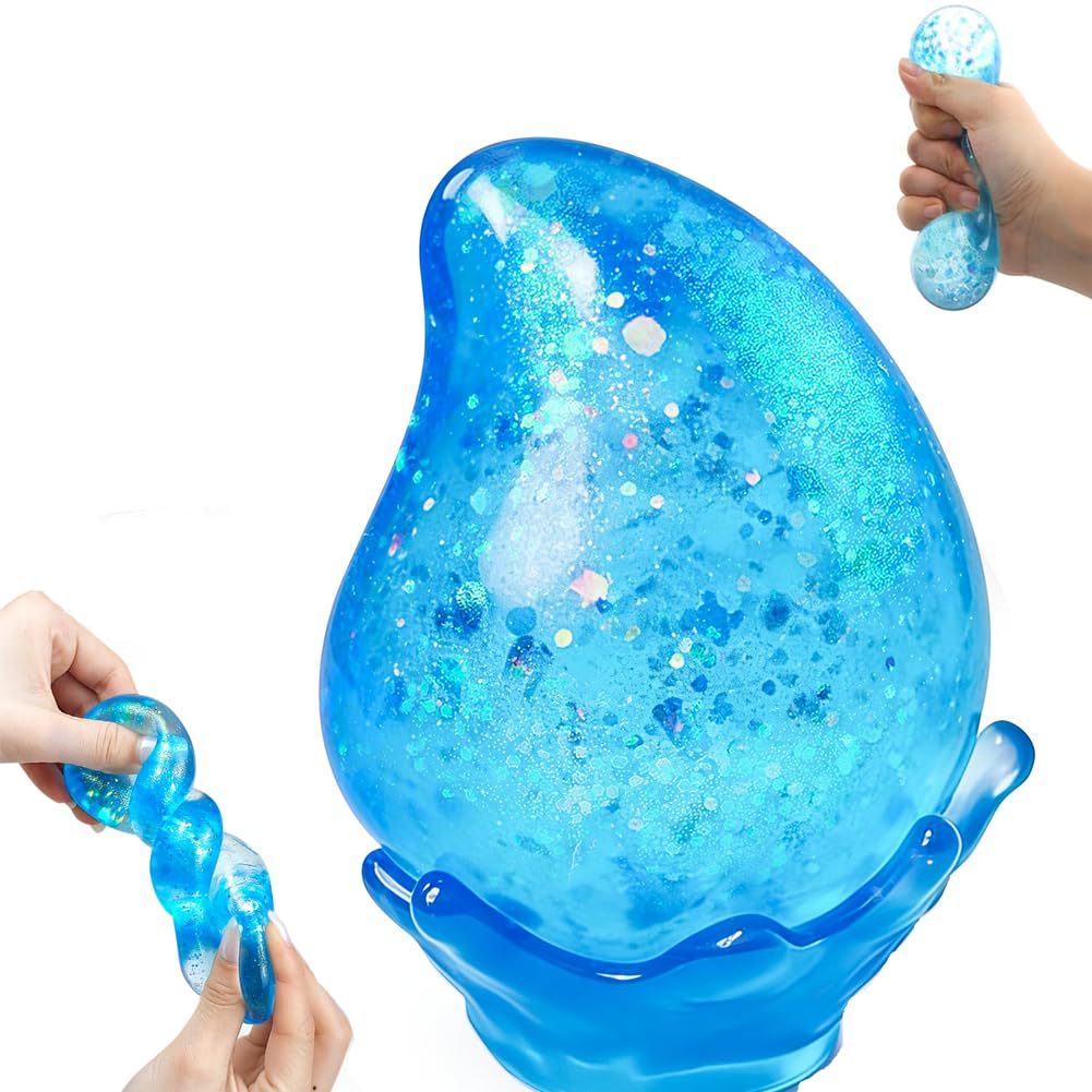 Water Drop Fidget Stress Ball,Squishy Stress Ball,Ice Squishy Stress Cube-Drop with Detachable Base,Silicone Squishy Stress Balls for Adults & Kids,Fidget Toys for Autism, ADHD, Anxiety Relief (Blue)