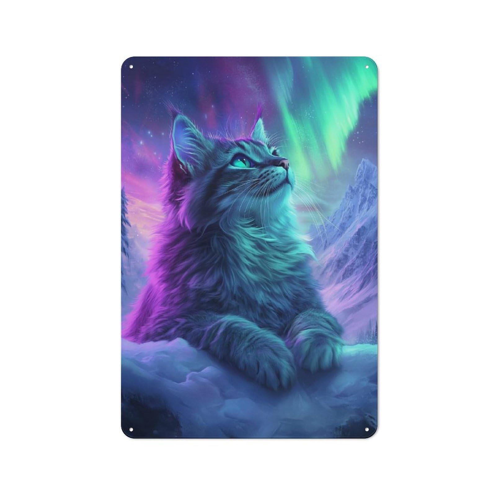 Junmoney Northern Lights Cat Retro Metal Wall Sign 30X20cm Featuring For Hallway Wall, For Garage, Workshop And Man Cave Decoration