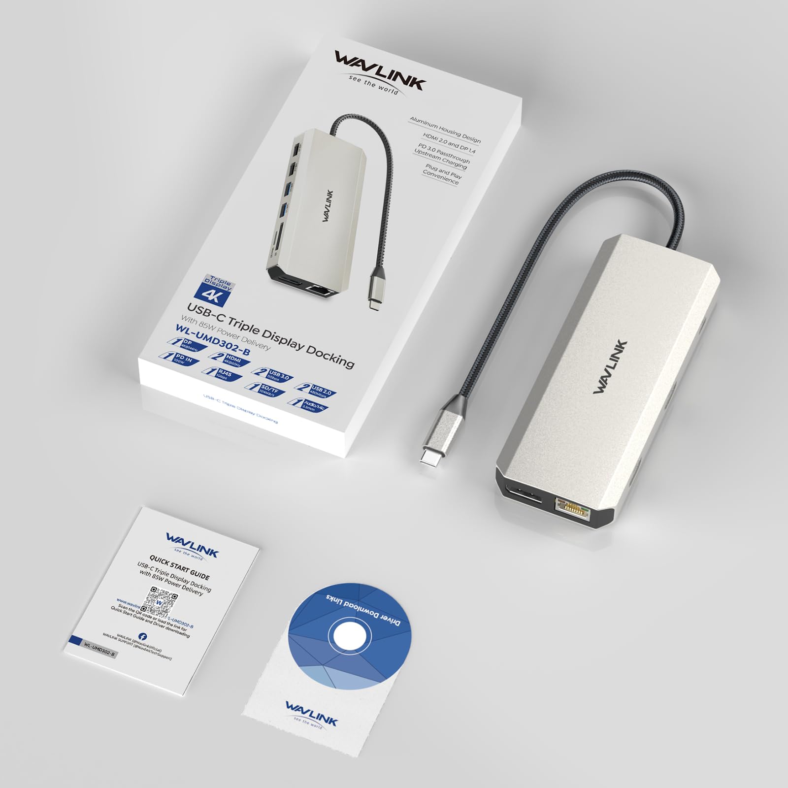WAVLINK Docking station USB-C per due monitor, docking station con due HDMI, DP, 100W PD, USB3.0&2.0, RJ45, slot SD/TF, audio/microfono, compatibile solo con computer Windows