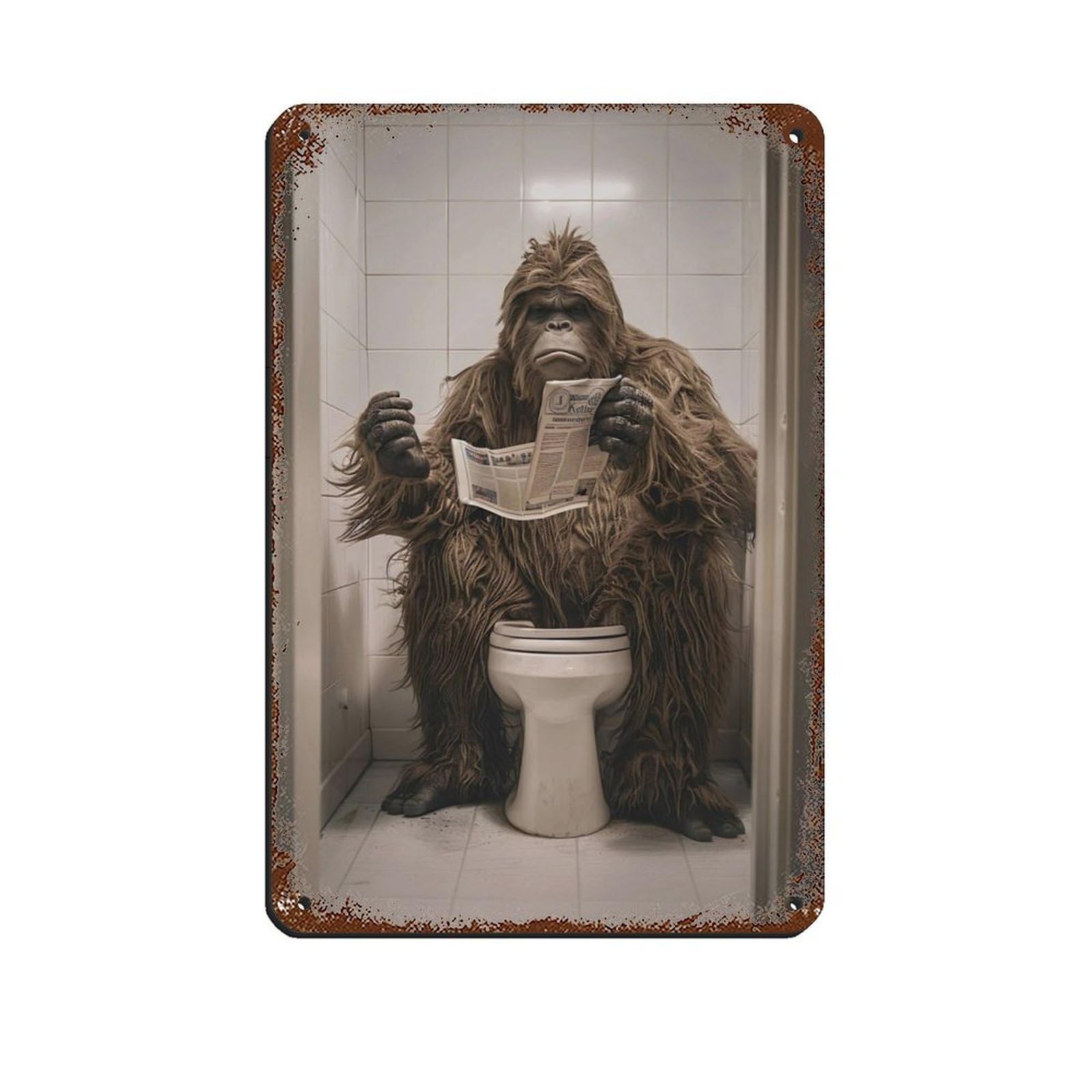 Sasquatch Sitting on The Toilet Reading A Newspaper (5) Tin Sign Vintage Metal Pub Club Cafe Bar Home Wall Art Decoration Poster Retro 8x12inch(20x30cm)