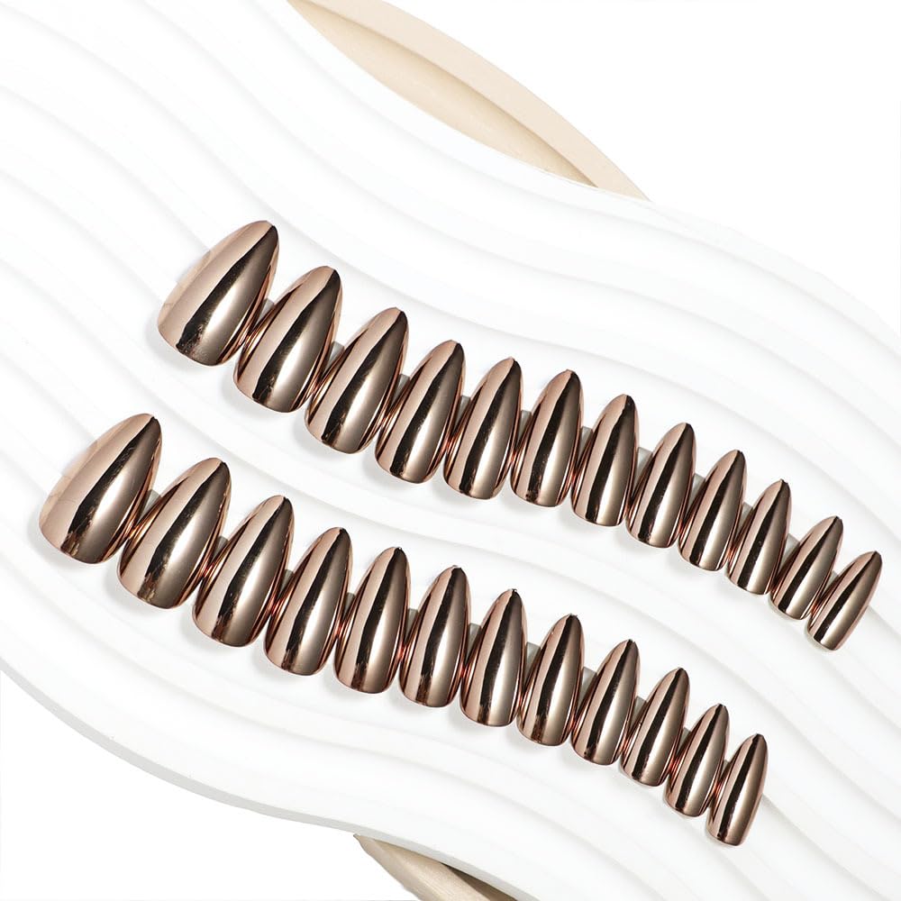 24Pcs Short Solid Color Medium Almond Fake Nails Metallic Mirror Red Black Purple Blue Golden Fake Nail Tips with Glue Glitter Square/Round Head False Nails Wearable Ballet Press on Nails