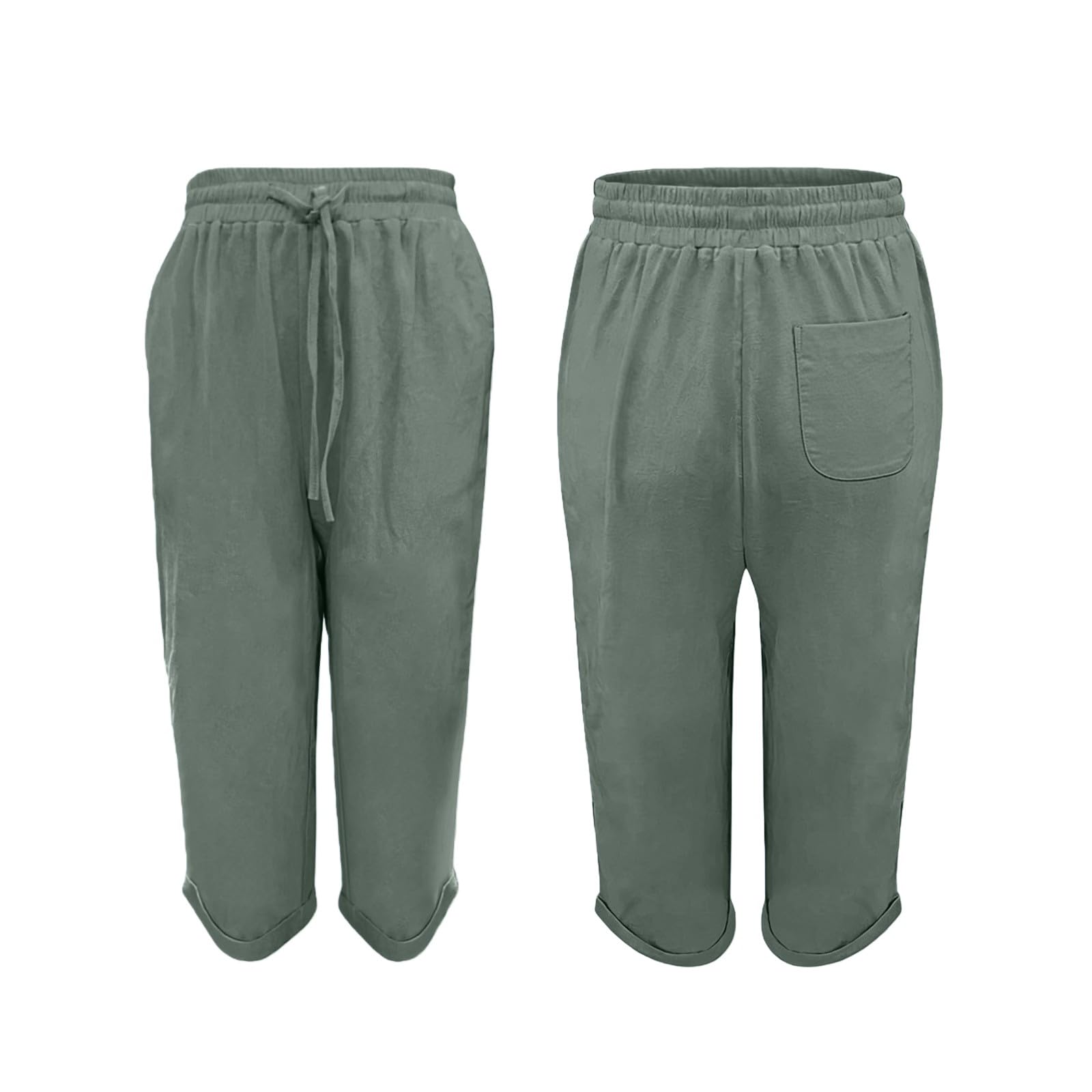 Short Long Femme Ete Fluide Short Femme Coton Lin Leger Taille Haute Bermuda Taille Elastique Pantalon Court Décontracté Couleur Unie Confortable Ample Pantalon de Plage avec Poches