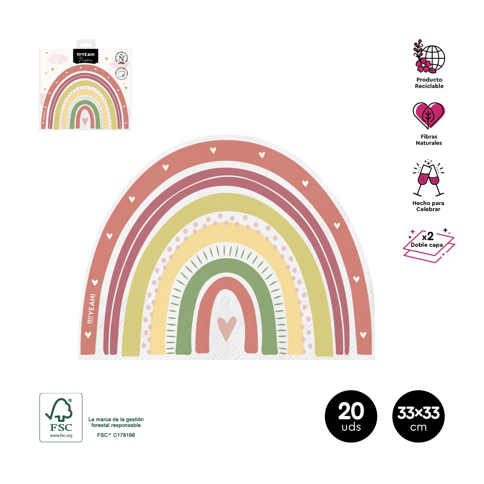 Tovaglioli a doppio strato - Stoviglie Decorazione Baby Shower, Compleanno Bambini Bambino, Decorazione Primavera (Tovagliolo Arcobaleno Rosa