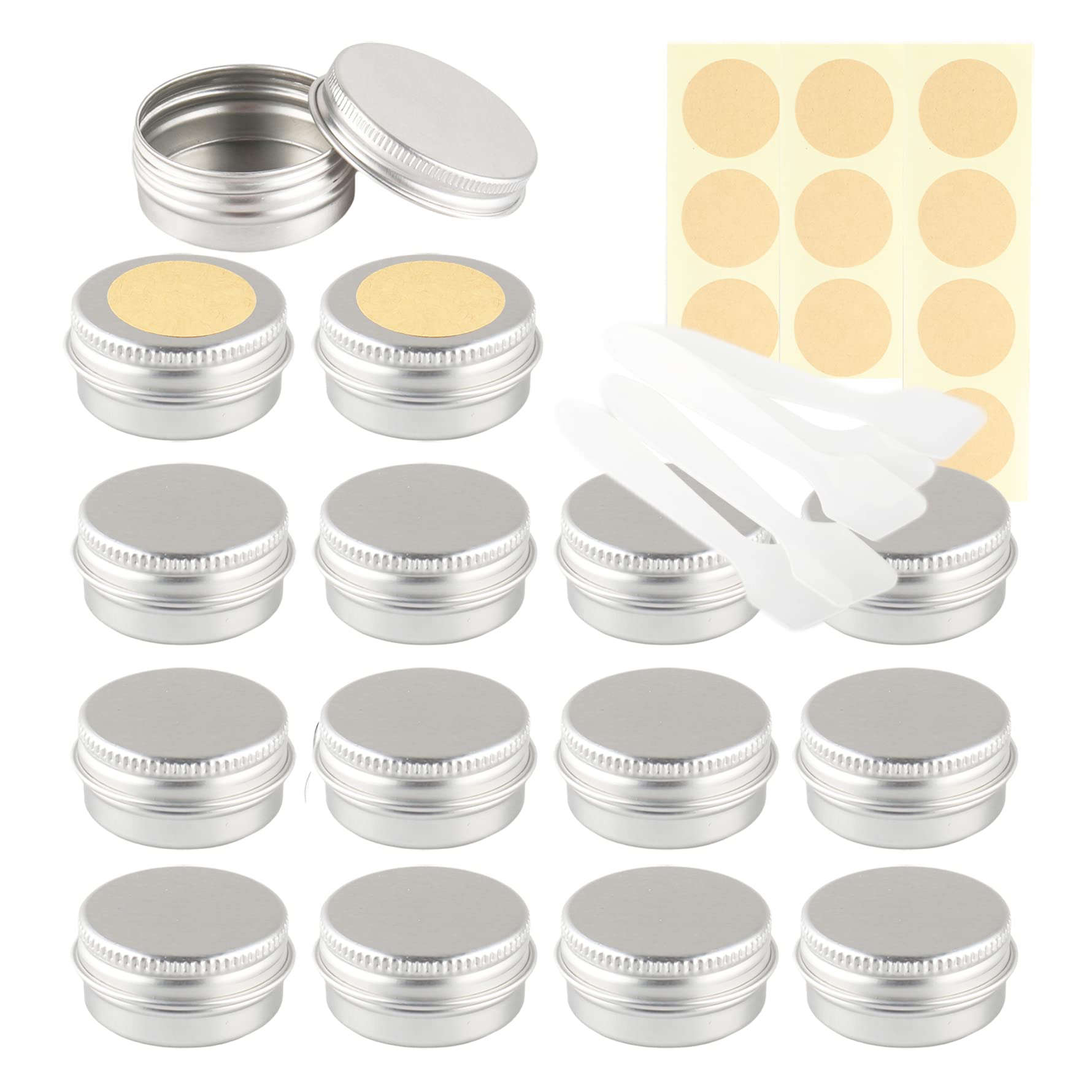 LusDoly Pack of 50 Empty 10ml Silver Aluminium Tins with Lids - Ø35x17mm Aluminum Screw Pots Travel Round Cosmetic Cream Jars Container for Candle Lip Balm, Salve, with Labels & Spatulas