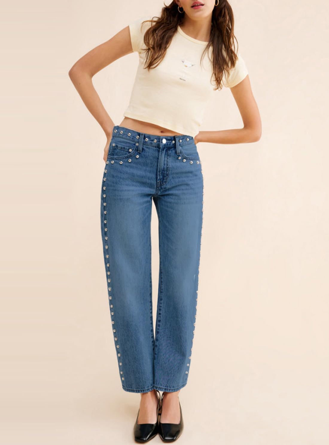 D-Sun Women's Mid Rise Straight Leg Jeans Studded Wide Leg Casual Jeans Rivet Stretchy Baggy Denim Pants