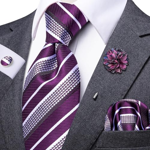 Image of Purple White Tie and Lapel Pin 4PCS Set Silk Striped Formal Necktie for Men Pocket Square Cufflinks Wedding Party