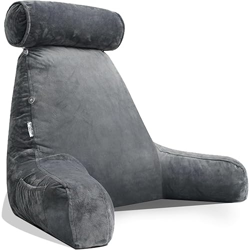 Reading Pillow for Sitting in Bed Adult with Detachable Neck Support Cushion & Backrest Pillow for Bed with Arms and Side Pocket Shredded Foam Back Pillow Chair Pillow with Washable Cover
