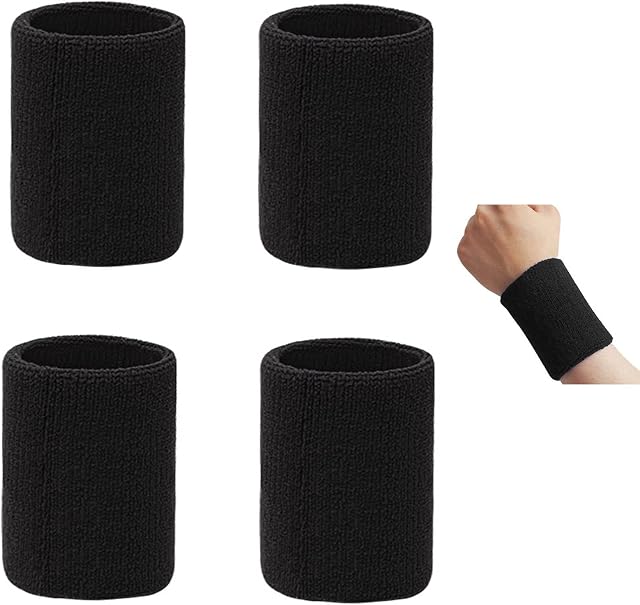 kuou 2 Pairs/4 Pack Black Wrist Sweatband, Athletic Cotton Sweat Bands Wristband Tennis Band For Sports Running Gym
