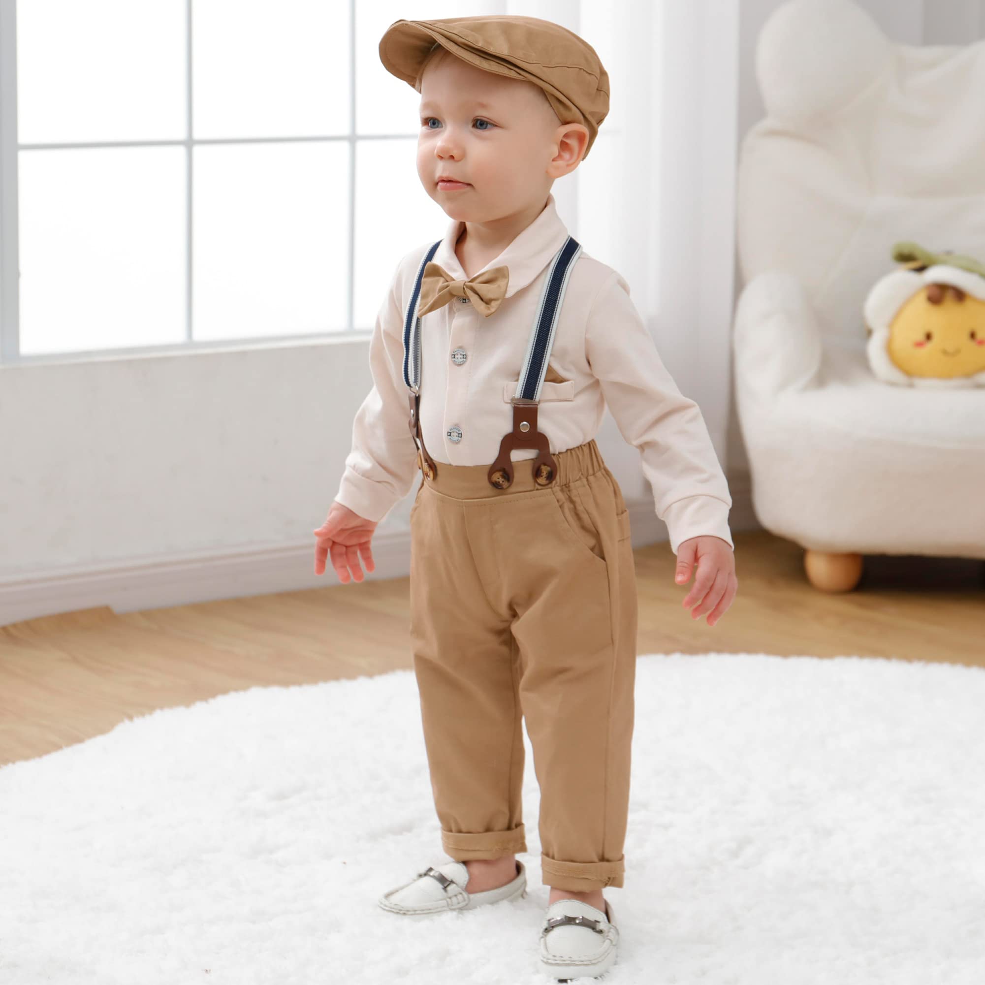 nilikastta Trajes de boda para bebé niño, ropa para bebé, camisas, pantalones de tirantes, corbatín, boina, sombrero de 0-18 meses