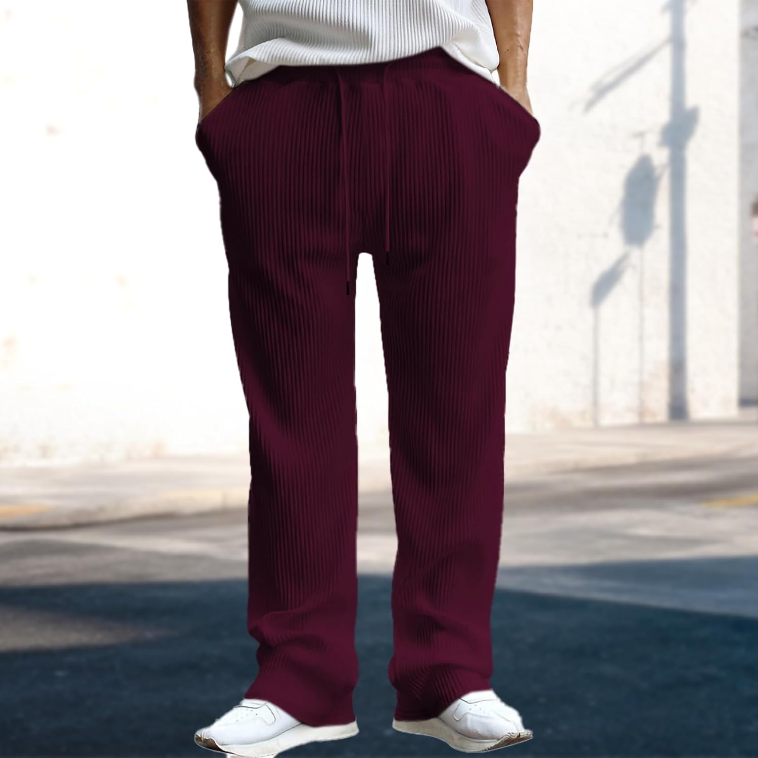 Mens Ribbed Sweatpants Drawstring Elastic Waist Oversized Streetwear Hip Hop Casual Trousers - Image 2