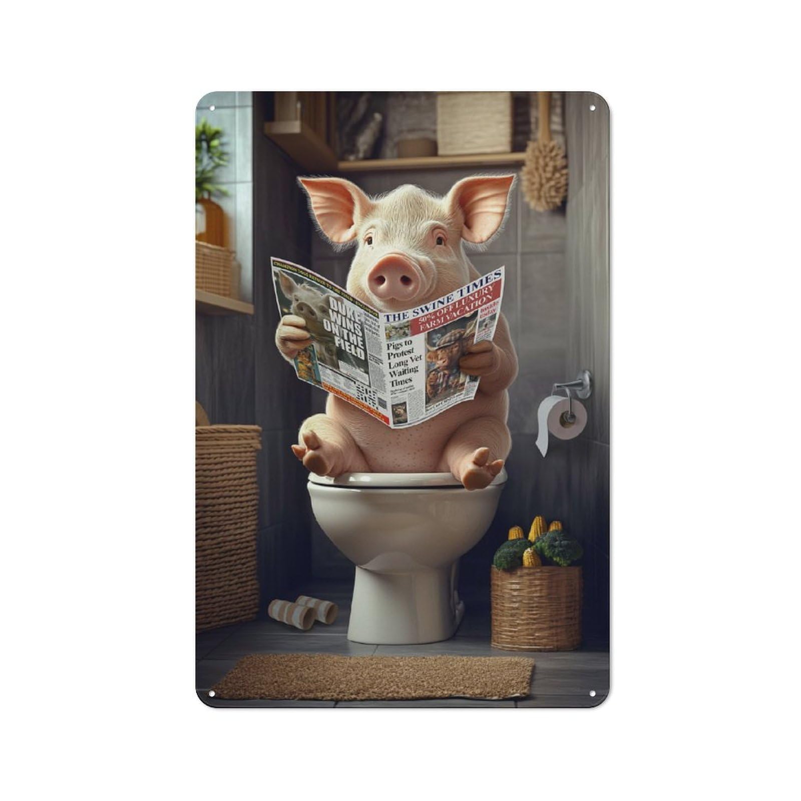 Junmoney Style-12 Pig Reading Newspaper On Toilet Decorative Metal Plaque 30X20cm, Shop Front Style Bistro Wall Plaque For Tea Room, Shop Wall Or Breakfast Area