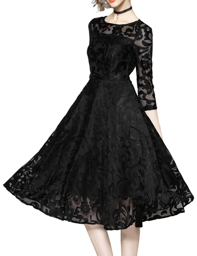 XINUO Women Dresses Fall Vintage Formal Floral Lace A Line Midi Tea Swing Dress Bridesmaid Evening Cocktail Party Dress