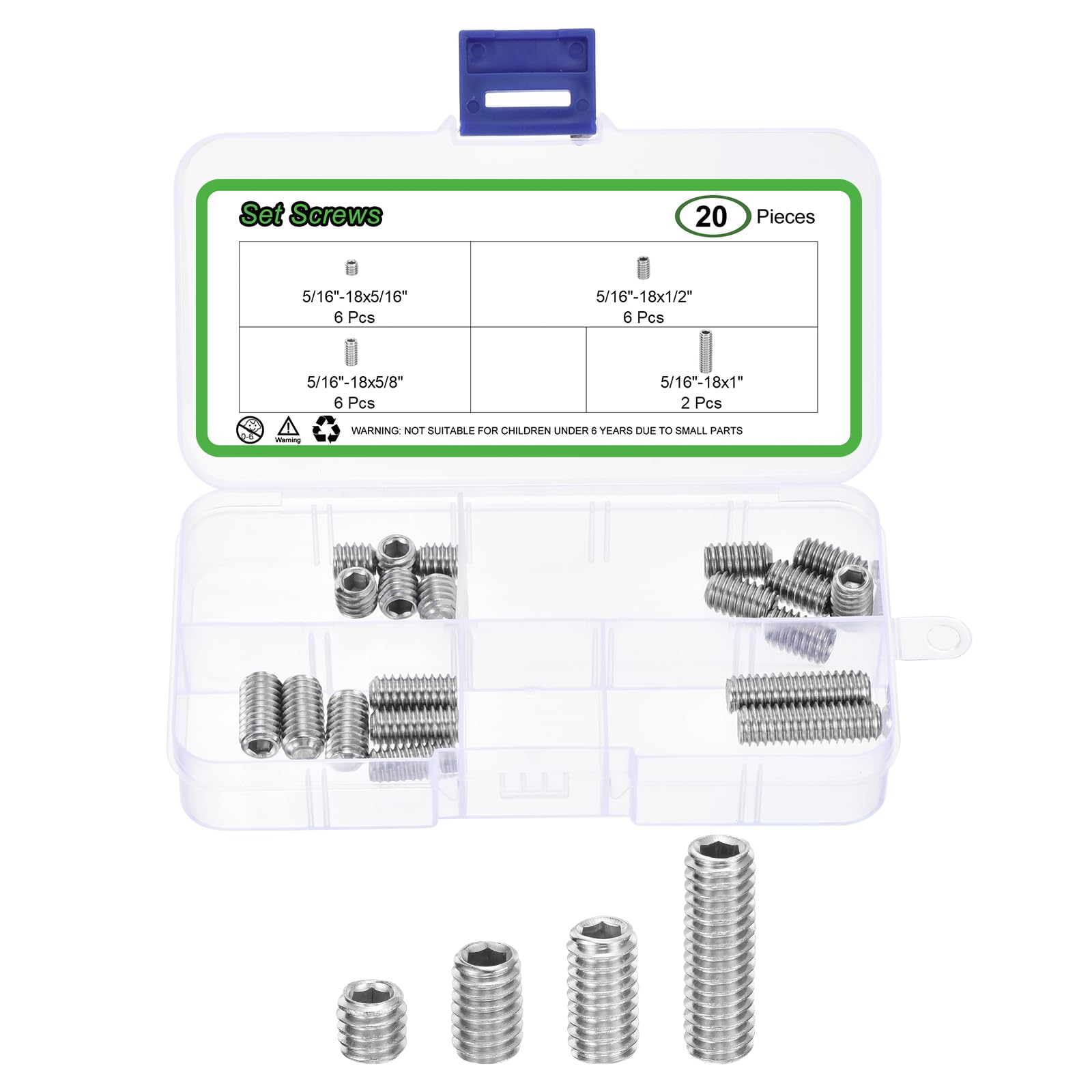 uxcell Allen Head Socket Hex Grub Screw Assortment Kit,20PCS 5/16-18" 4 Sizes 304 Stainless Steel Internal Hex Drive Cup-Point Set Screws Assortment