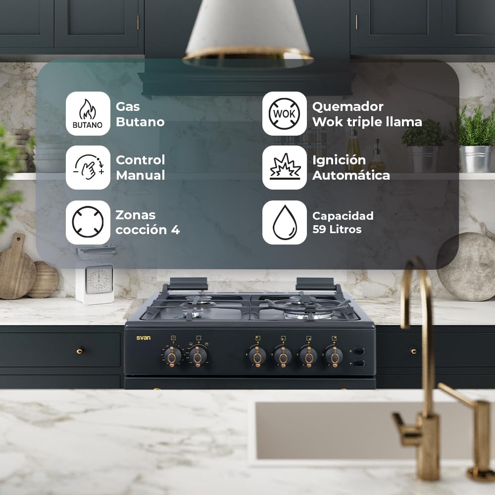 Svan Cocina Gas Butano 4 Zonas de Cocción, Horno 59 L, Rústico negro SKGW4600RN. Control Manual, Quemador WOK triple llama, 2 Programas de Cocción, Cristal en Puerta de Doble Capa, Tapa Abatible