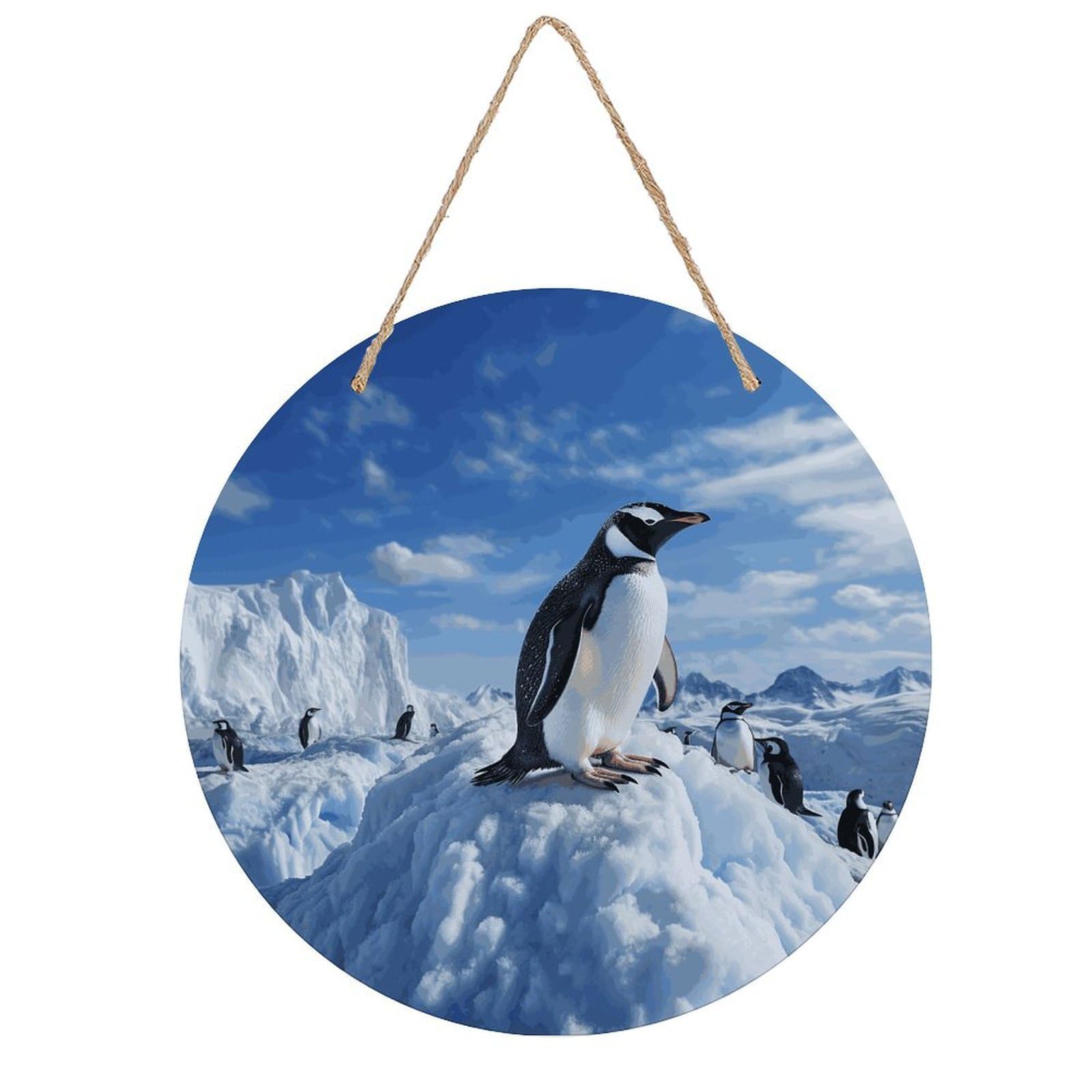 FekiLoot Snow Mountain Penguin Wall Art Decor Round Wood Hanging Sign Decoration Wooden Circle Door Sign Round Hanging Decorative Wood Plaque Door Hanger for Home Outdoor Indoor Decoration