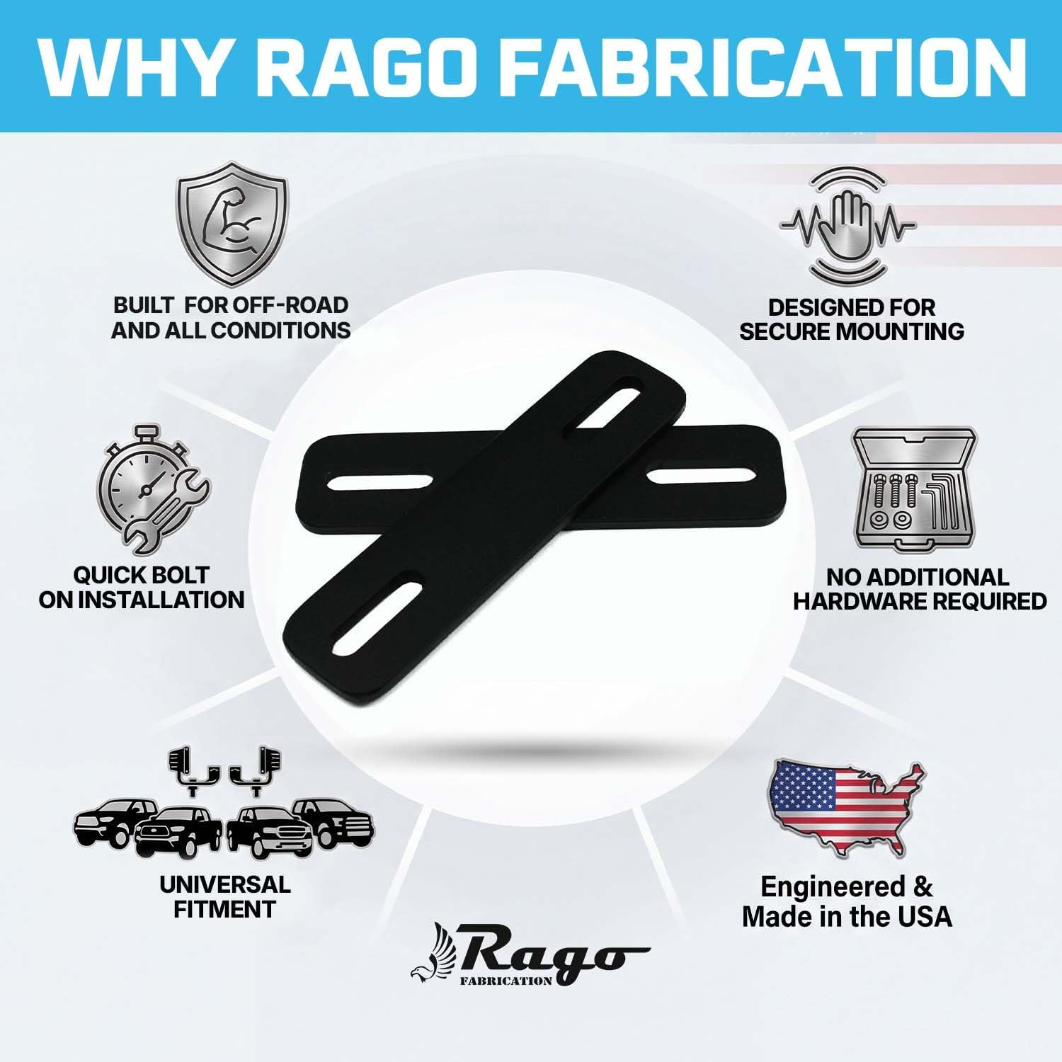 Rago Fabrication Ditch Light Bracket Extensions (Pair) - Hood Mount Pod Light Extension Brackets, Black Textured Powder Coat, Compatible with Most Aftermarket Ditch Light Brackets