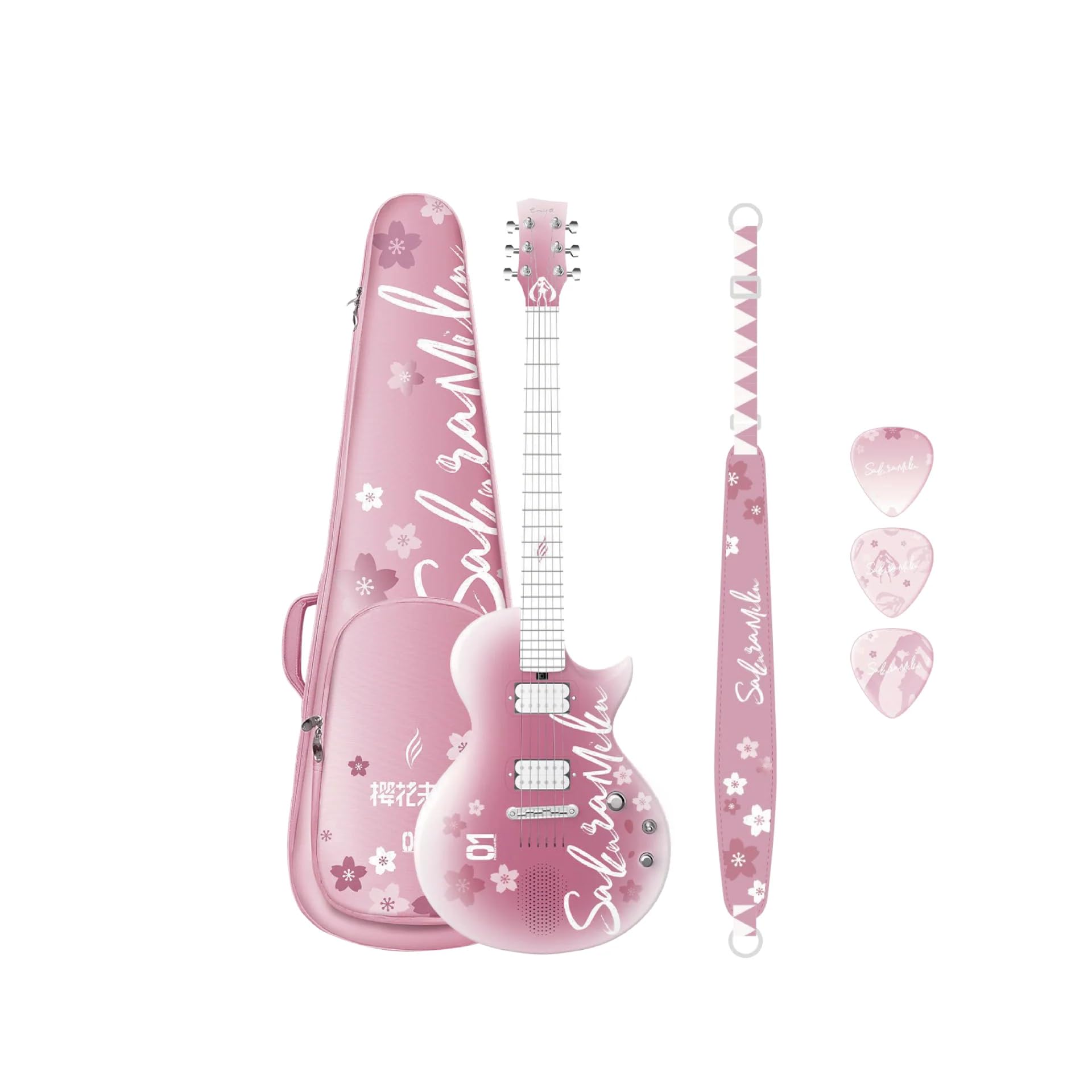Enya Nova Go Sonic Smart Carbon Fiber Electric Guitar, Sakura Miku, 38-Inch, 24 Frets, 10W Speaker, 16 DSP Effects, Gig Bag Included