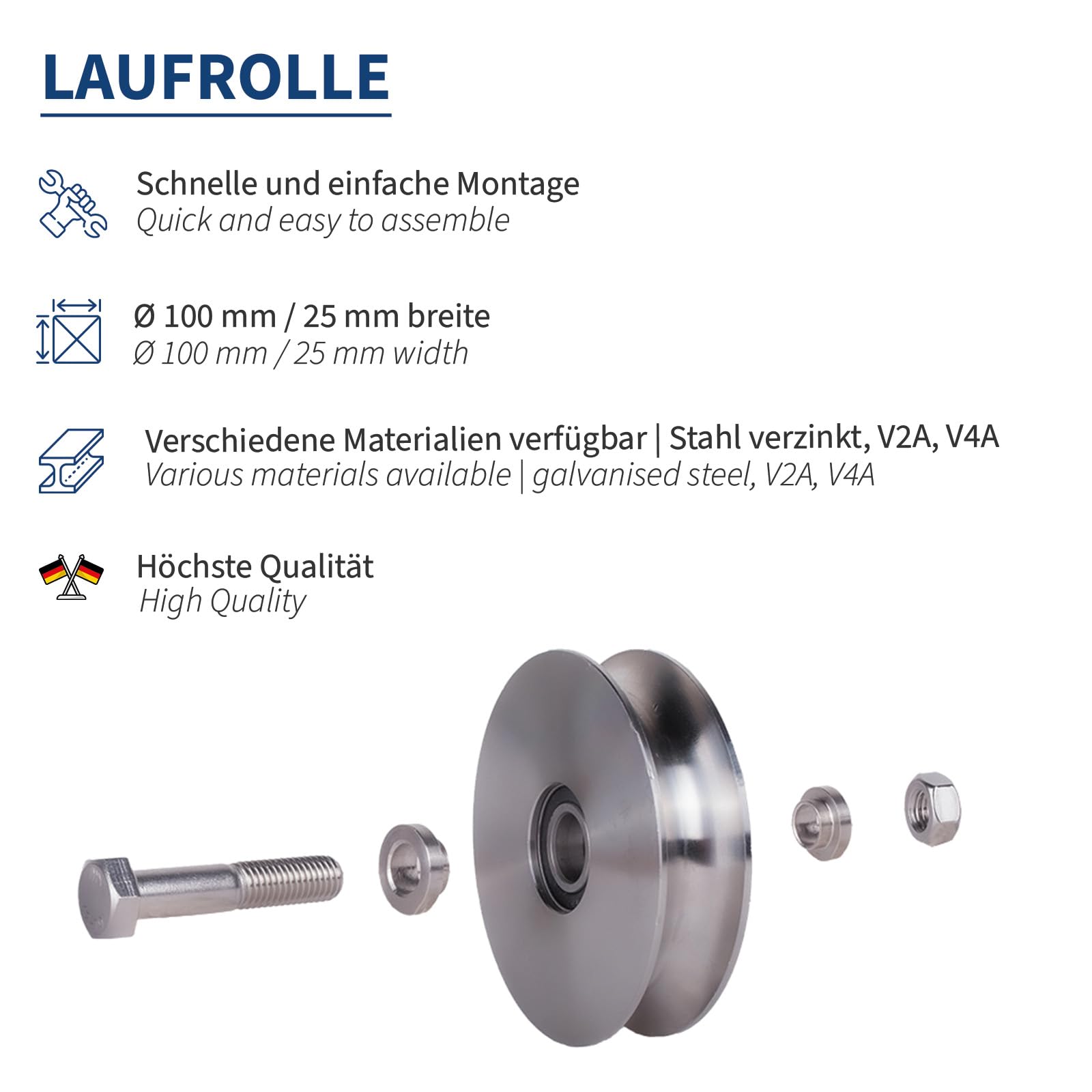 ATTAS Laufrollen 100mm Schwerlast Schiebetür Schiene – V4A Edelstahl, Tragkraft 420kg, Umlenkrollen für Seile, Schiebetorrolle, Torrolle für Rolltor und Garage, Seilrollen für Drahtseile, Achsbolzen