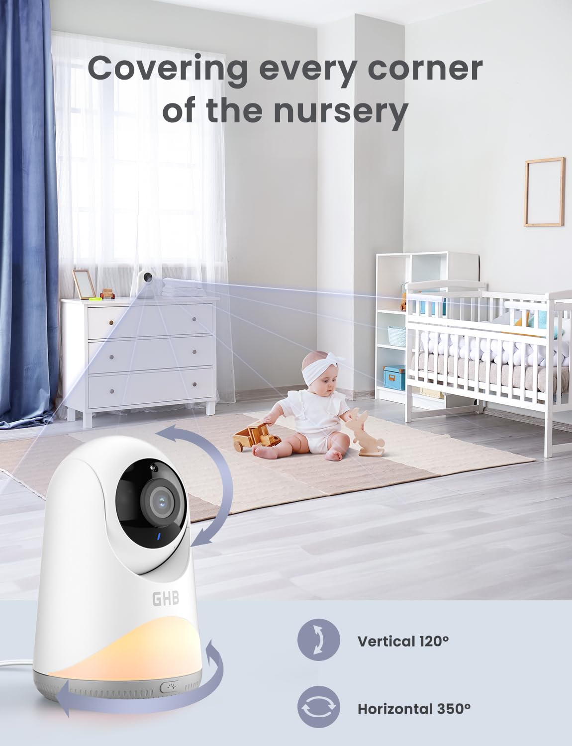 GHB Moniteur bébé avec caméra et vision nocturne Pan-Tilt Zoom 5 pouces 720p IPS Écran 2 voies VoX, température ambiante, berceuses