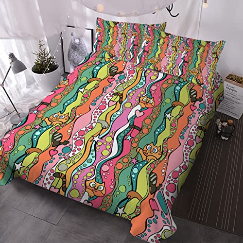 BlessLiving Colorful Cat Bedding Set Abstract Cat Duvet Cover Twin Size for Kids Teens Girls 3 Piece Colorful Waves and Circles Bed Cover