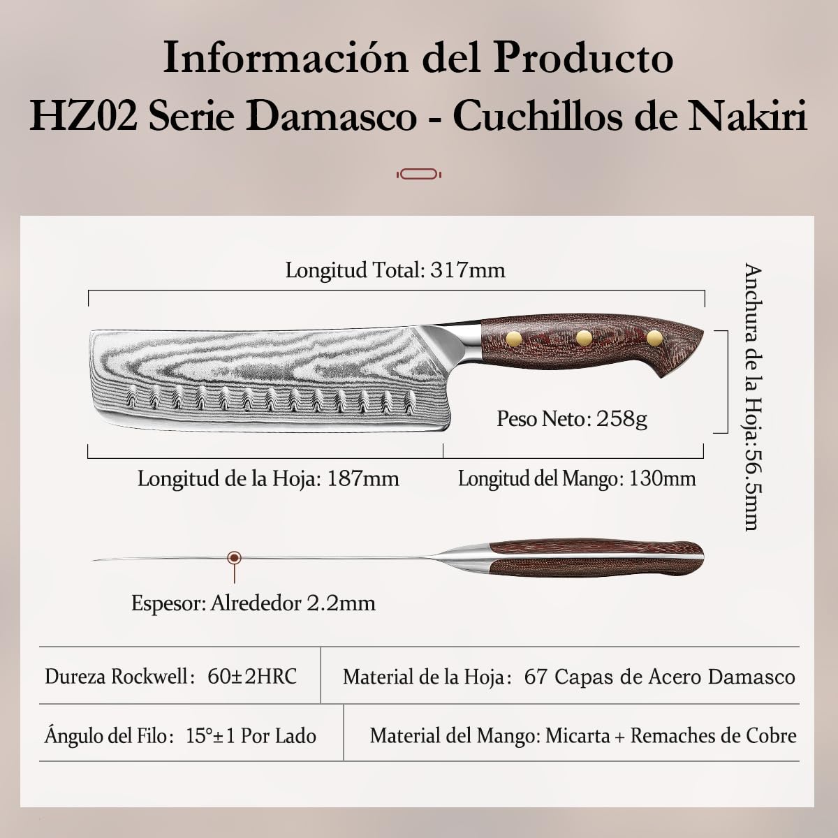 HEZHEN Damasco Cuchillo Nakiri, Estilo Japonés Cuchillos de Cocinero, Multiusos Cuchillo Chef Asiático Para Rebanar Carne Cortar Verduras, Mango de Micarta
