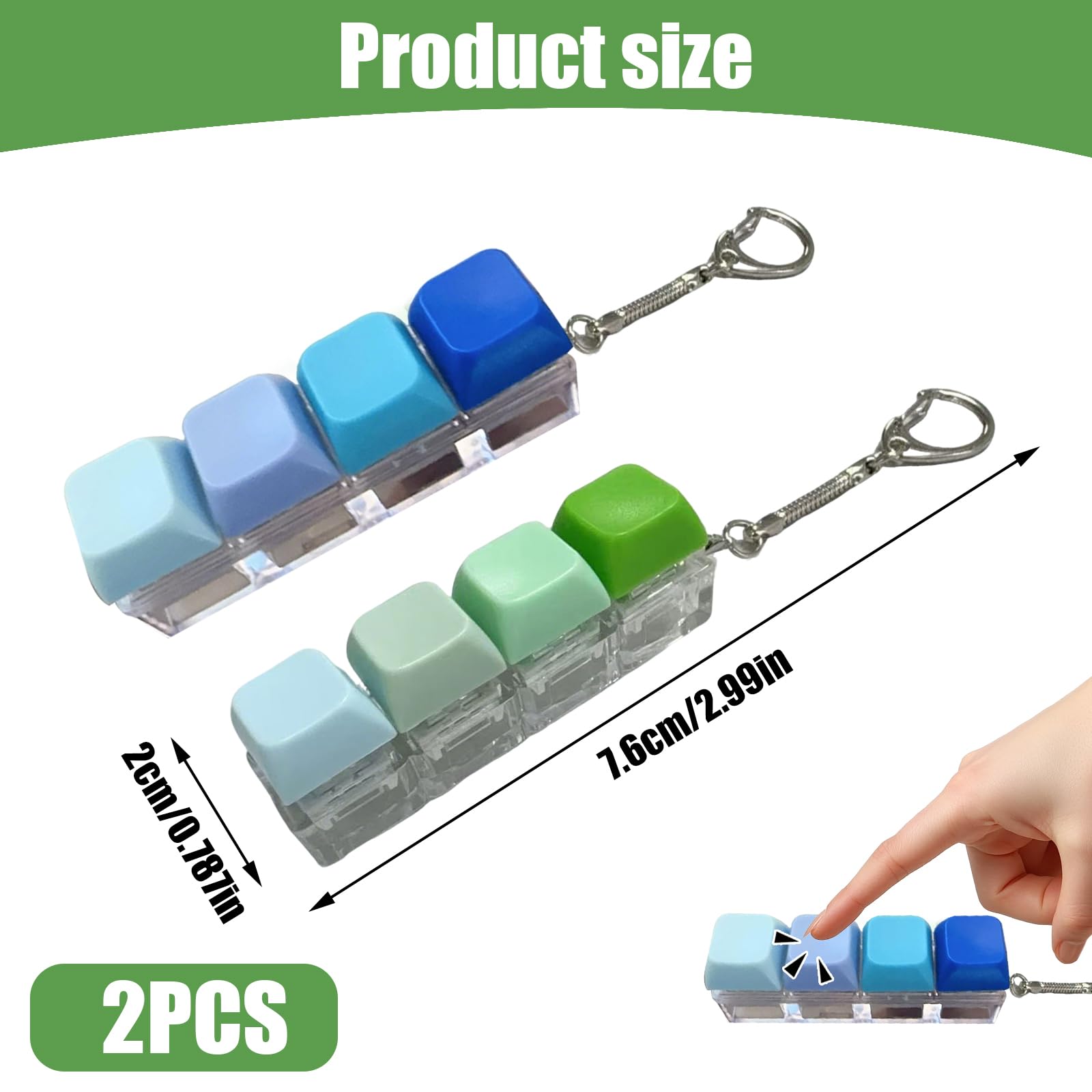 2Pcs Keyboard Fidget Toys 4 Button Finger Keyboard Keychain Keyboard Clicker Stress Relief for Kids Adult Fidget Toys Funny Fidget Keyring for Office School(No Light) (Blue+Green) - Image 2