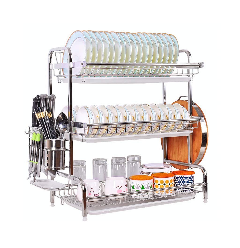 OGMOYT Multifunctional Kitchen Storage Rack 3-Tier Dish Drainers Draining in Kitchen | Dish Drainer Rack with Tray and Cutlery | Drain Rack Dish Drying Rack | Stainless Steel