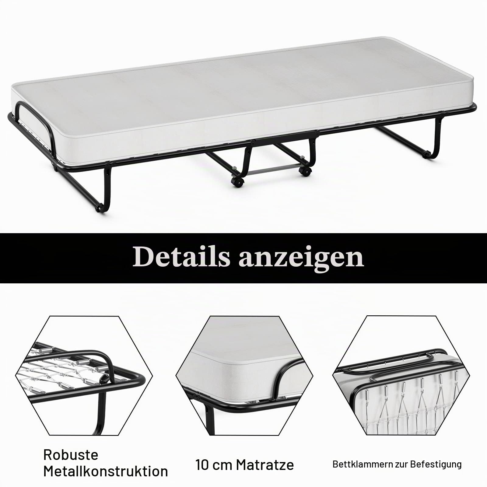 GIANTEX Gästebett klappbar, Klappbett 80x190cm Erwachsene, Einzelbett inkl. Matratze Memory-Foam, Reisebett mit 4 Rollen, klappbares Bett Faltbett Metallbett bis 120 kg belastbar