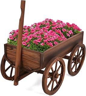 Tangkula Wooden Wagon Planter Box, Decorative Garden Planter w/Wheels, H...